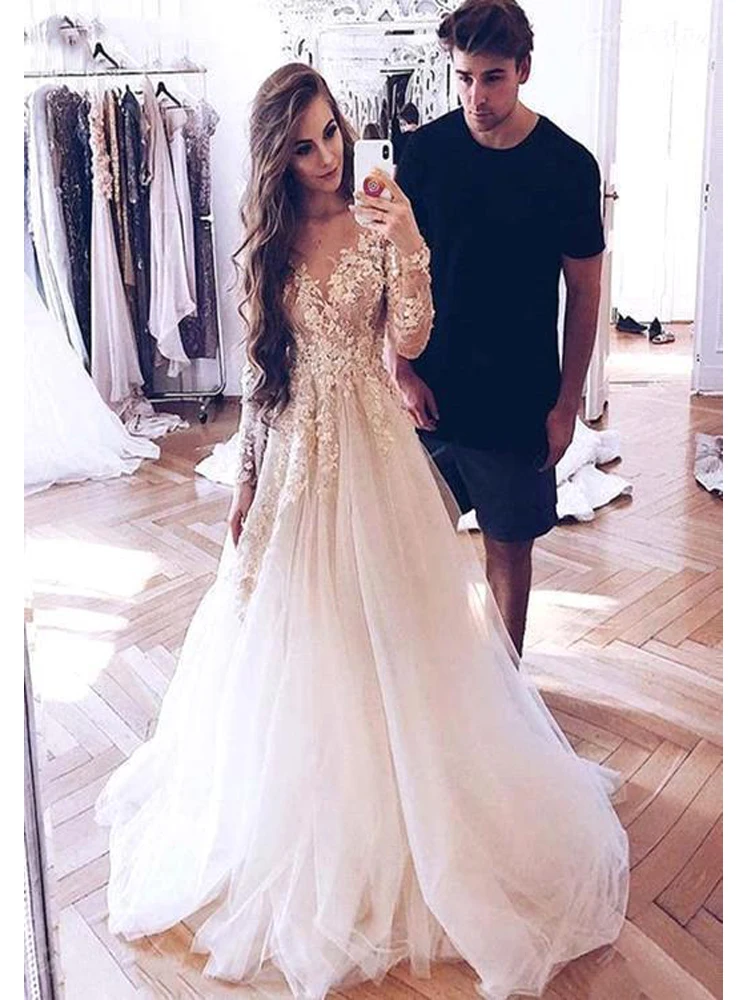 Vestido de noiva 2020 роскошное кружевное свадебное платье с аппликацией es длинными