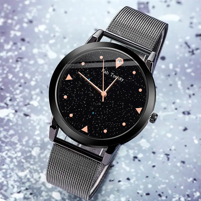 2019 женские черные часы с сетчатым ремешком из нержавеющей стали наручные
