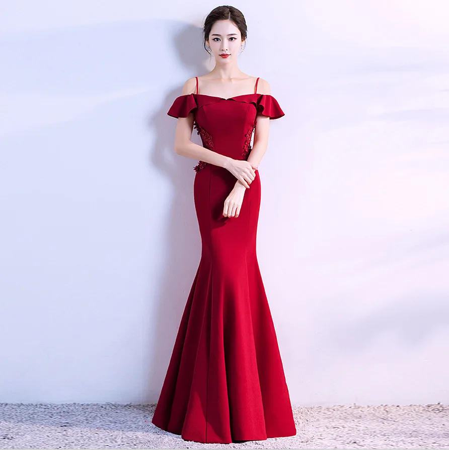

Women's Off Shoulder Long Formal Party Dress Evening Gown Wine Red Bridal Wedding Sexy Backless Floor-length Trumpet Dresses