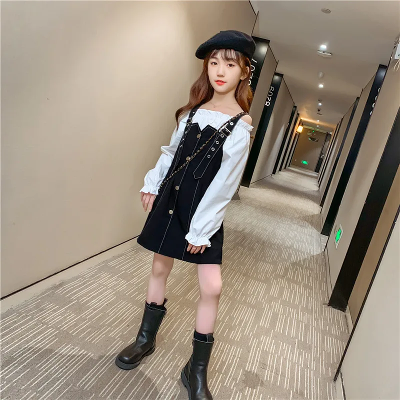 

Girls Daily Suspenders Dress Spring New Medium And Large Children's Wear Two-piece Suit Korean Single-breasted Girl ClothesLB240