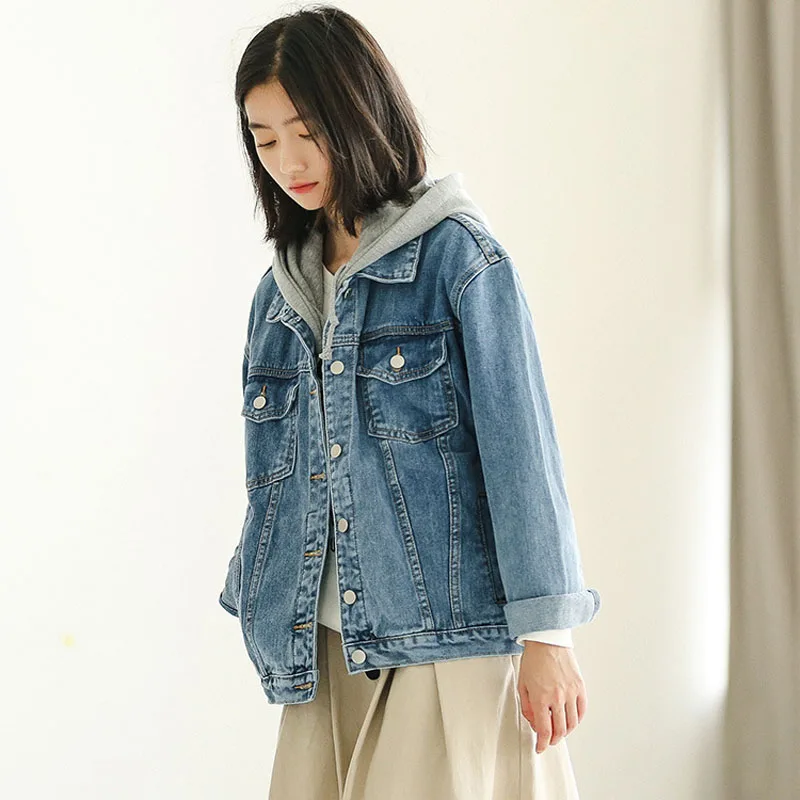 Женская джинсовая куртка Повседневная Свободная рваная синяя светильник в