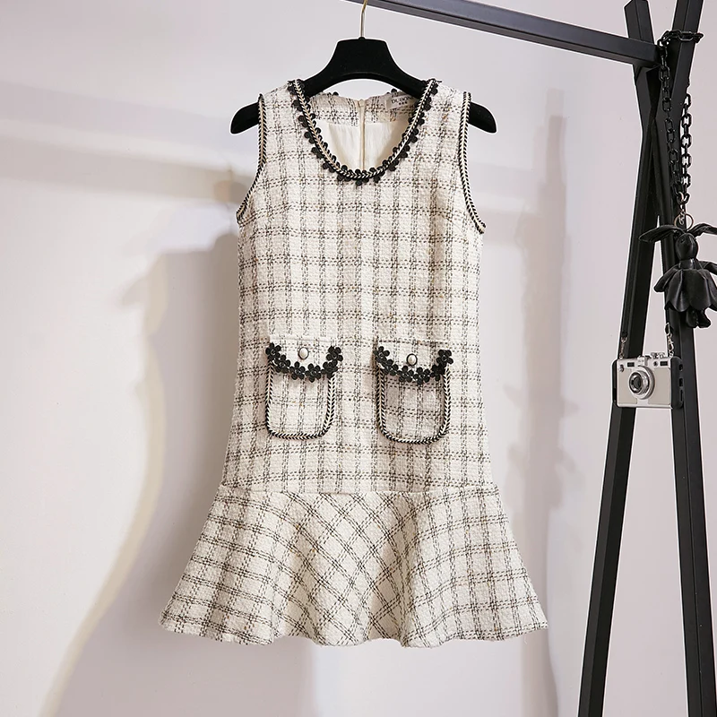 vest dress only Элегантное платье без рукавов с v-образным вырезом, твидовое платье, осенне-зимний модный дизайн, клетчатое милое платье с карманом для женщин, тонкий мини-жилет - Цвет: vest dress only