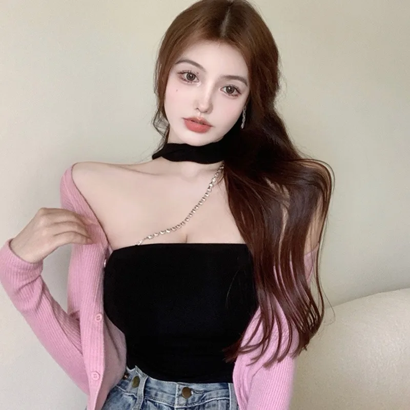 

Топ женский на бретельках без рукавов, майка-труба с лямкой на шее, облегающая однотонная майка с цепочкой, уличная одежда, на лето