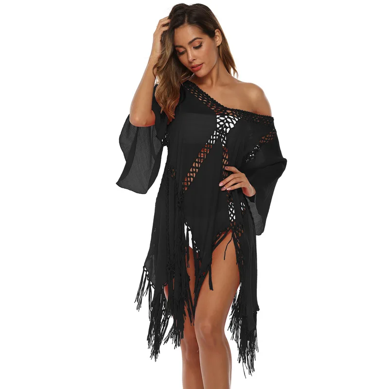 

Irregular Hand Hook Stitching Tassel Flared Sleeves Deep V Sexy Hollow Beach Dress 2020 Summer New Dress