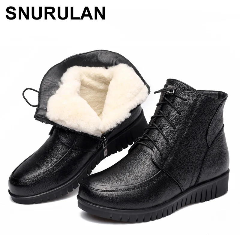 SNURULAN 2019 женские зимние сапоги классические черные теплые из натуральной кожи с