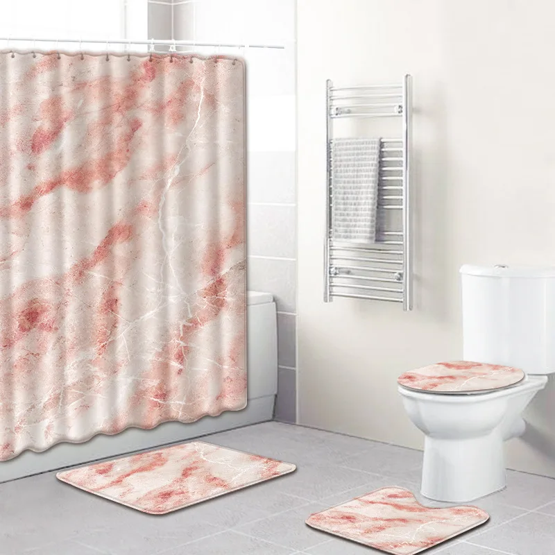 

Marble A Printed Bathroom Carpet Set 4pcs Waterproof Shower Curtain Absorbent Non-slip Mat Bathroom Set With Shower Curtain