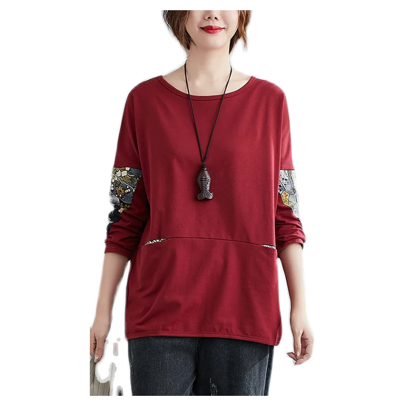

2020 Autumn New Artistic Retro Patchwork Printed Casual Long Sleeve T-shirt Slimming Loose Pockets Top for Plump Girls