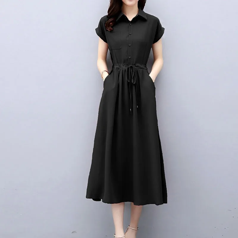 

Women's 2021 New Casual Fashion Temperament Short-Sleeved Mid-Length Waist Shirt Long Skirt Spring And Summer Dress