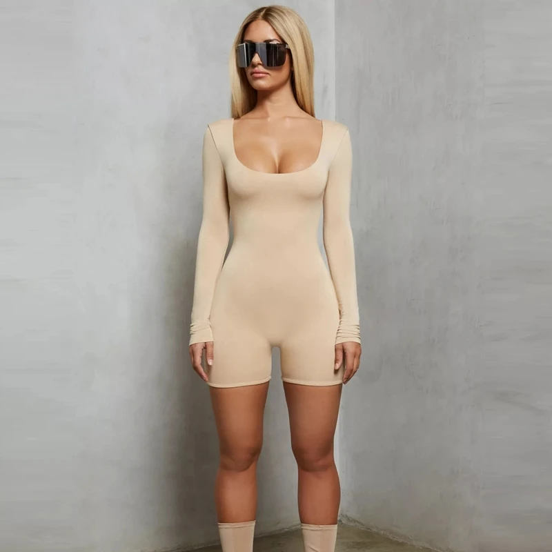 

Long Sleeve Body Romper Woman Clothes Spring 2021 Solid Skinny Playsuits Sexy Backless Bodycon Shorts Slim Sportswear Workout
