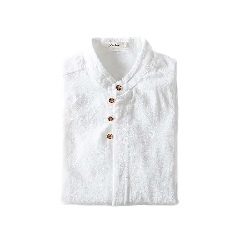 Рубашка мужская с воротником-стойкой хлопково-Льняная сорочка длинным рукавом