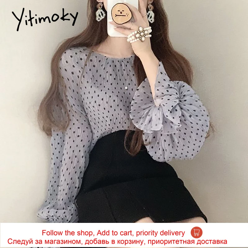 

Yitimoky Vintage Ruffles Shirts Women Tops Polka Dot Long Flare Sleeve Blouse Korean Fashion O-Neck Loose Casual New Blue