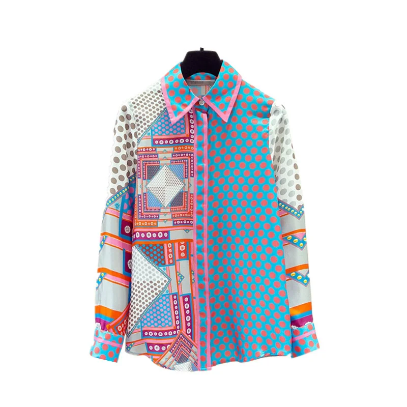 

Blouse Patchwork Simulation Silk Shirt Autumn New Female Top Colorful Korean Niche Polka Dot Long-Sleeved Blusa