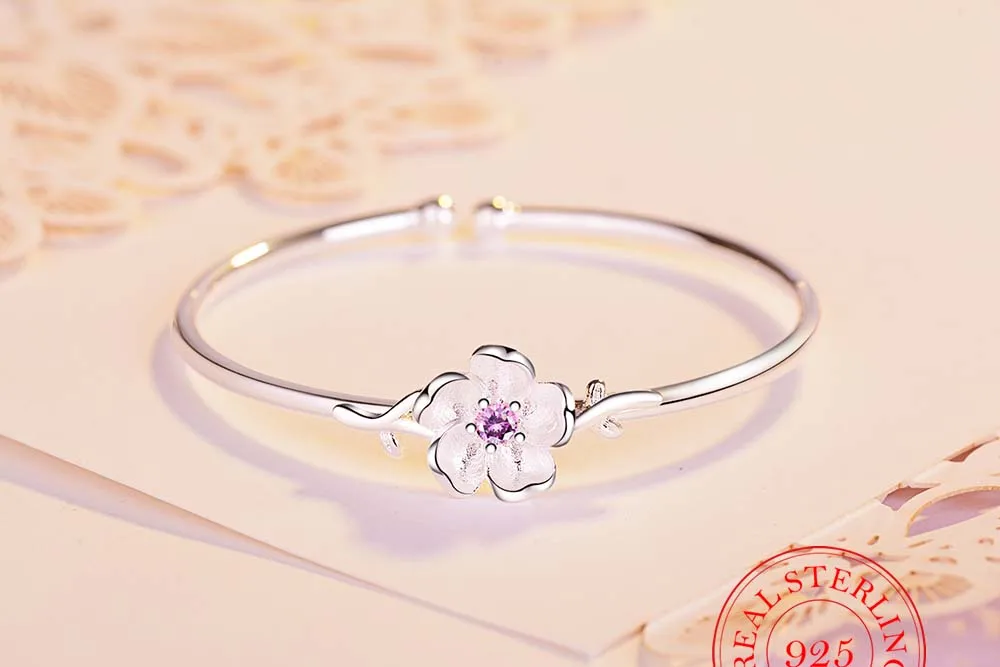 

Delicate Pink Cherry Blossoms Bangle Bracelet 925 Sterling Silver Drop Glaze Open Cuff Bangle For Women S-B278
