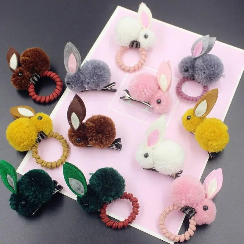 Bola de pelo de animal para ni&ntilde;a, anillo de pelo de conejo, banda de goma el&aacute;stica, bandas para el pelo coreanas, accesorios para el cabello, adornos-1
