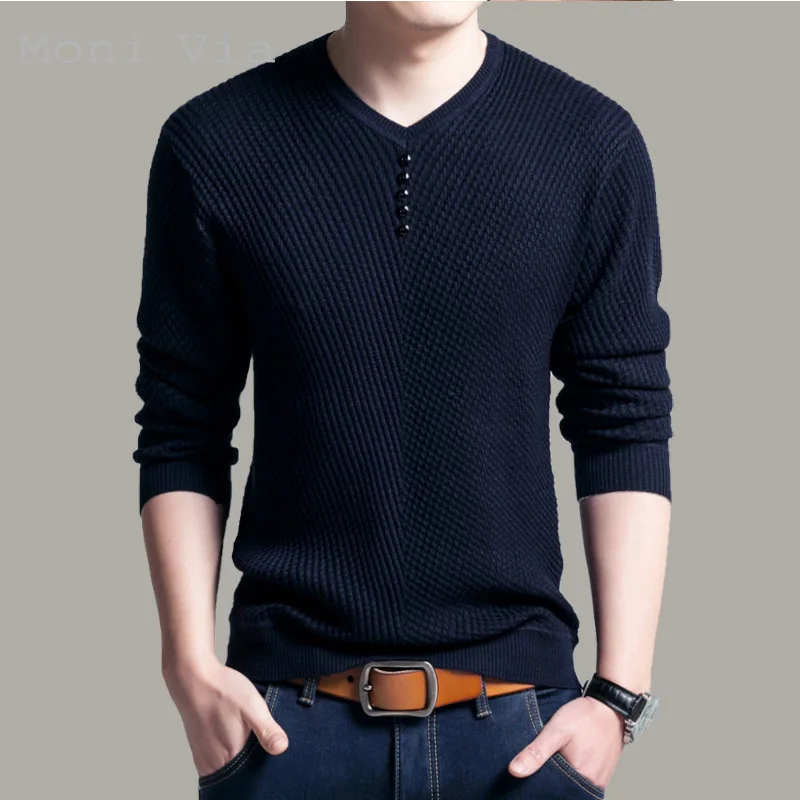 

2021 Men's Henley Neck Sweater Fashion V-Neck Warm Slim Pullover For Men Autumn Casual Long-Sleeve Sweaters Homme Mens Knittwear