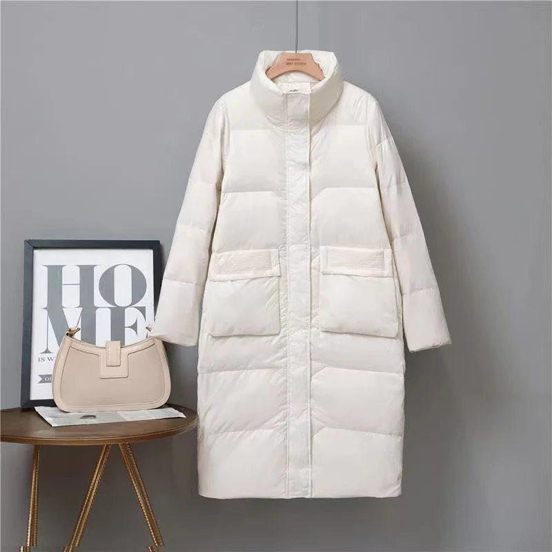 New Winter Stand Collar Long Feather Jacket Women 90% White Duck Down Coat Casual Loose Parker Snow Fluffy Warm Outwear s1349