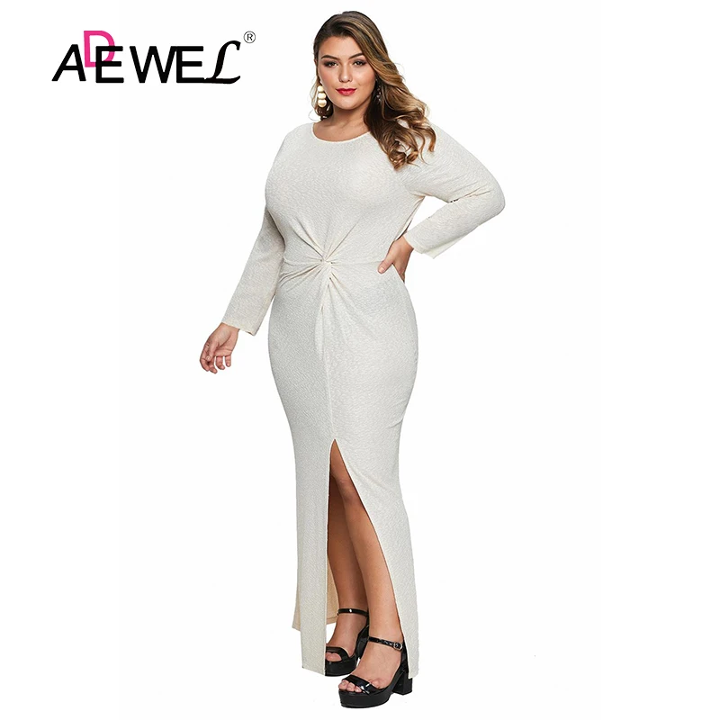 

ADEWEL Women Dress 2021 Plus Size Sexy Split Maxi Evening Dresses Apricot Long Sleeve Twist Casual Round Neck Vestidos De Festa