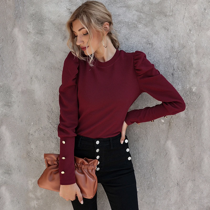 

Elegant puff sleeve blouse shirt Women fashion blouse tops autumn winter Female office lady button sleeve blouse