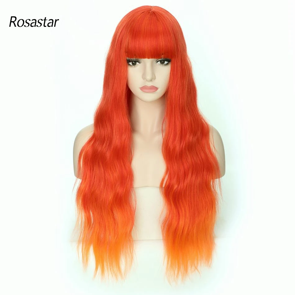 

Rosastar High Quality Long Red Orange Water Wavy with Bangs Natual Heat Resistant Synthetic Hair Wigs For Women For Any Occasion