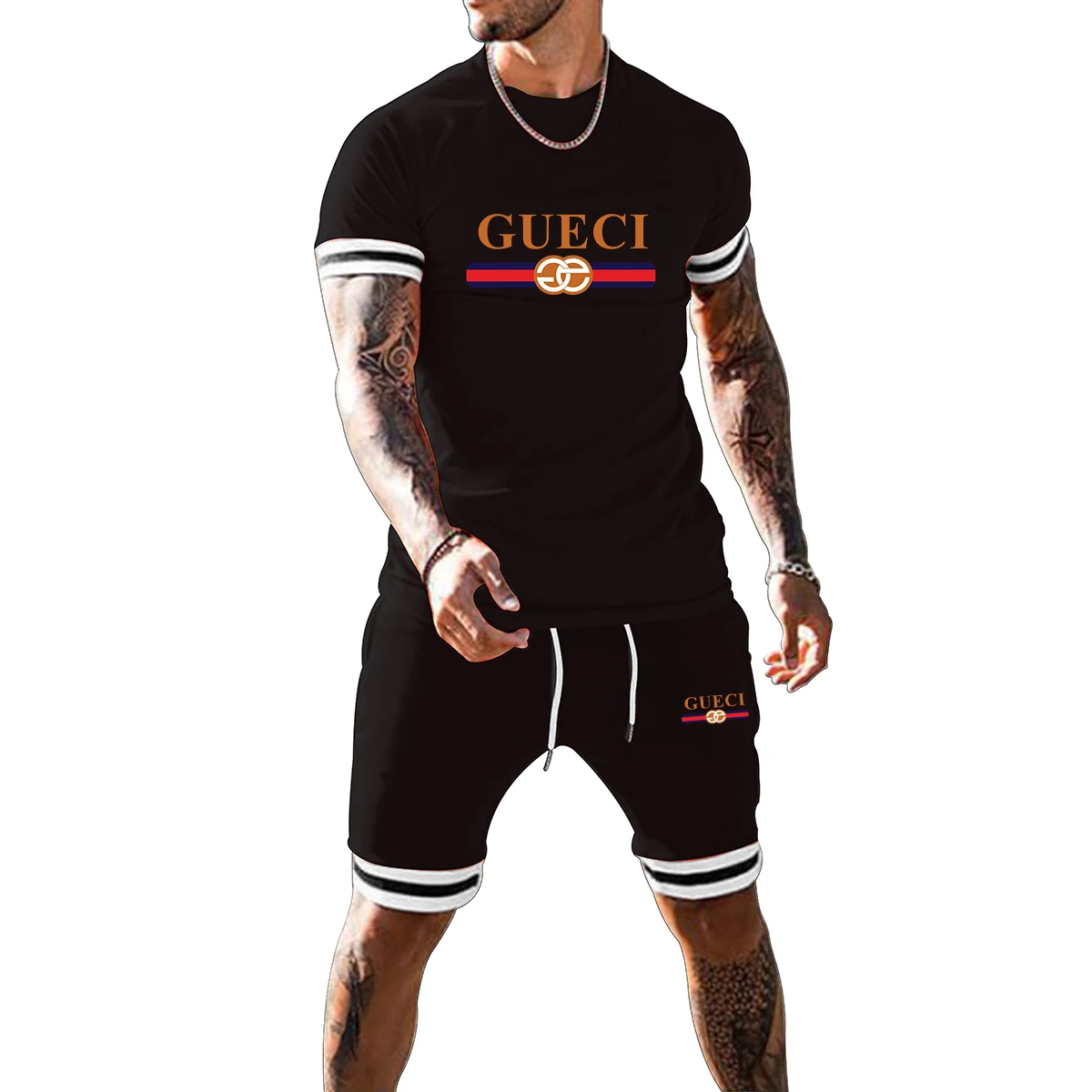 

2021 Summer New Products Tiger Shield Striped Print Casual Running Men's Suit Short Sleeve T-Shirt + Sports Shorts 2 Piece Set