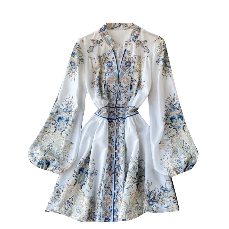 

Retro Court Wind Print Dress Women Fashion V Neck Puff Sleeve A-line Dresses 2021Spring Korean Bohemian Short Dress