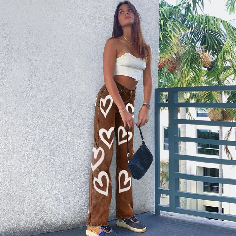 

Heart Printed Brown Y2K Baggy Jeans For Girls 2020 Harajuku High Waist Trousers Aesthetic Straight Denim Pants Women Streetwear