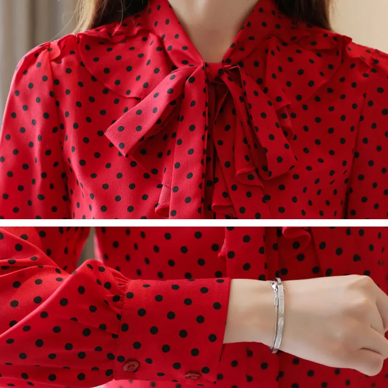 

Blusas Femininas Shirts 2020 Ladies Tops Long Sleeve Button Bow White Clothing Polka Dot V-Neck Blouse For Women 0226