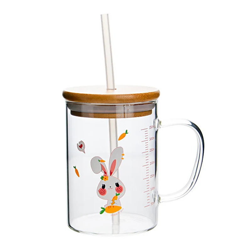 350ml Cartoon Straw Mug Glass Scale Cup Children's Milk Breakfast Mugs with Handle Lid Cute dinosaur cold drink glass - купить по