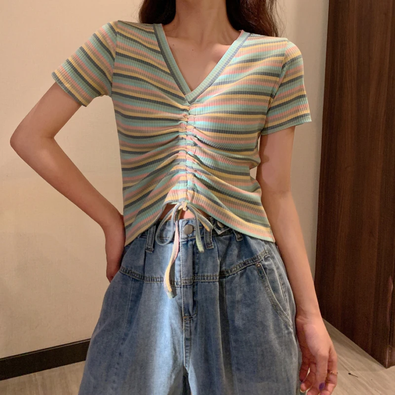

High Quality Women Tops Summer 2021 Kpop Korean Slim Shirt Girls Striped V-neck Drawstring Short Sleeve T-shirt Crop Tops Tshirt