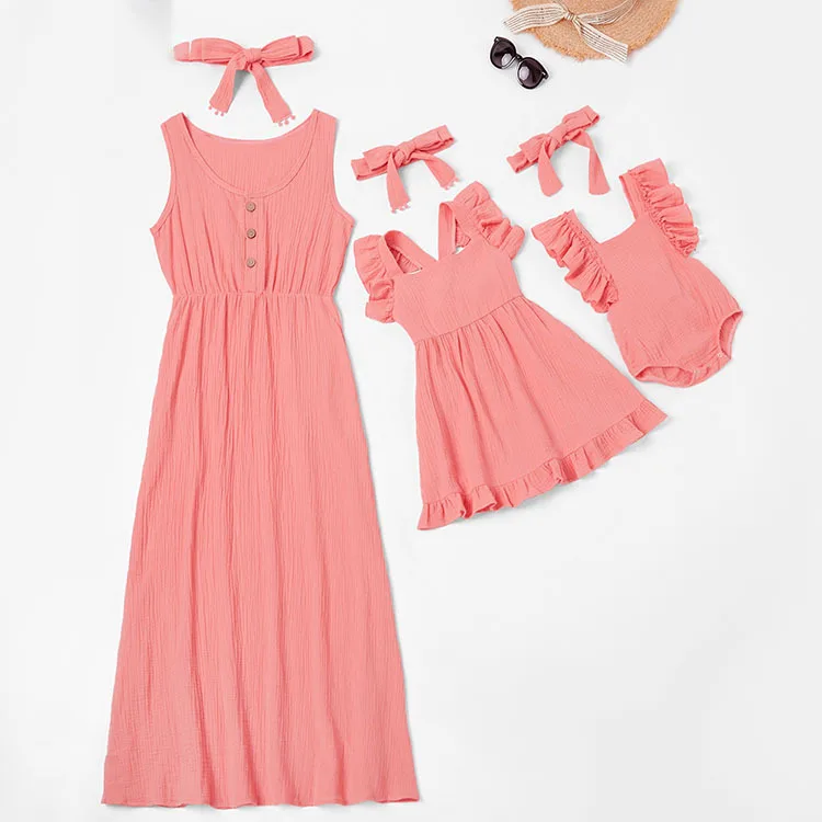 

1pc PIZZSEOON Mother and Daughter Cloth Dress Solid Color Adult Girls Baby Romper Mother & Daughter Parent-Child Matching Outfit