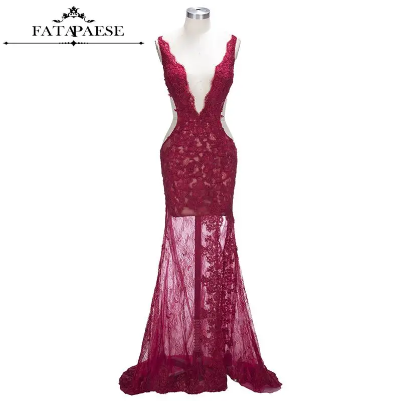 Real Photos High Split Burgundy Prom Dresses 2020 Sexy Illusion Waistline Lace Long Evening Party Gowns Robe De Soriee