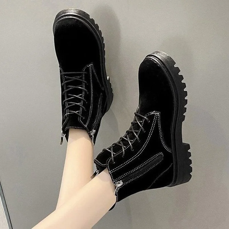 

Autumn Winter Women Fashion Lightweight Comfortable Round Toe Shoes Ladies Lace-up Thick-soled Non-slip Women's Platform Boots