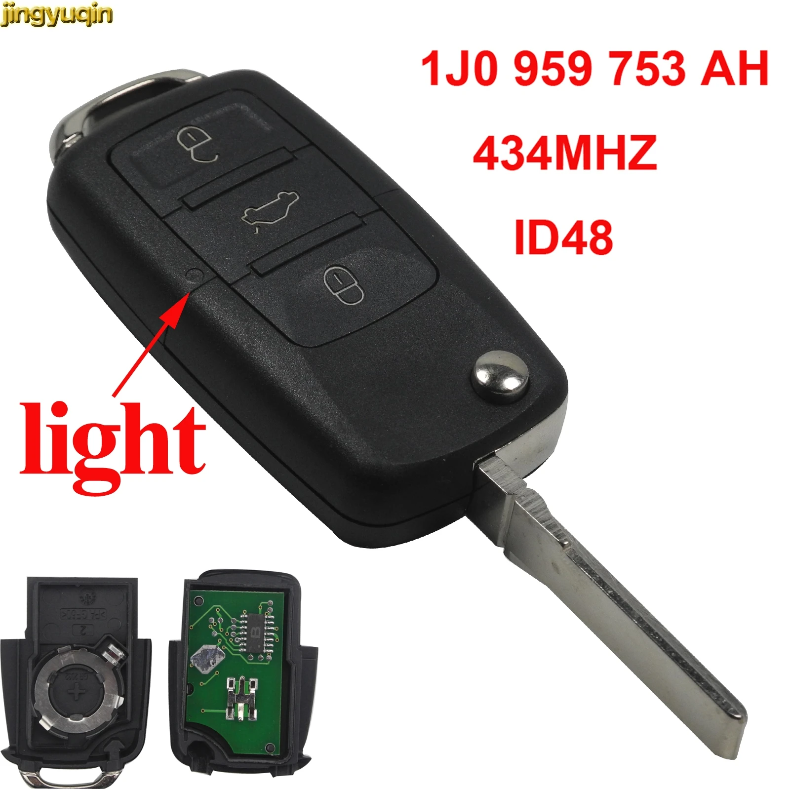 Фото 434 МГц с чипом ID48 1J0959753AH FOB для VW PASSAT Beetle Polo/Skoda 2002-2005 3 кнопки флип невырезанный