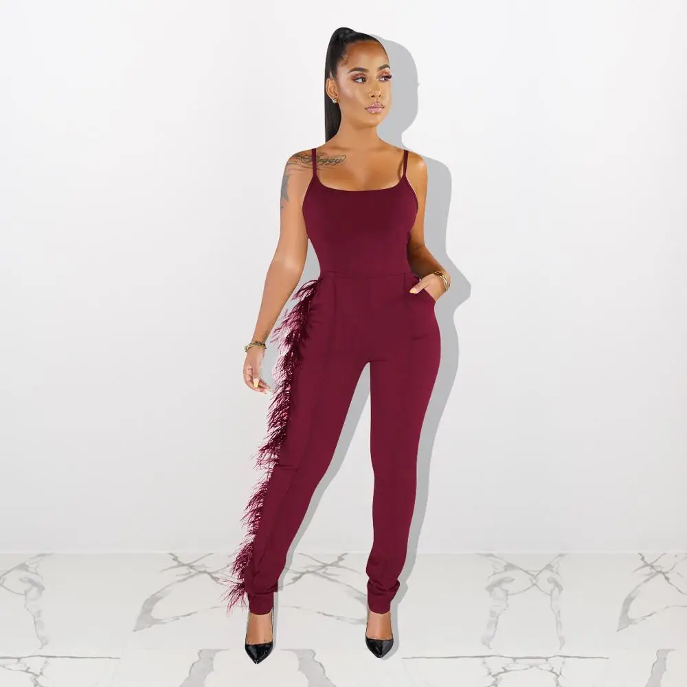 Echoine Спагетти ремень перо бахрома комбинезон с карманом Тонкий Bodycon женский