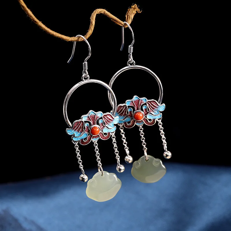 

S925 Silver Chinese-Style Burnt Blue Thai Silver Women's Hetian Jade Ear Pendant