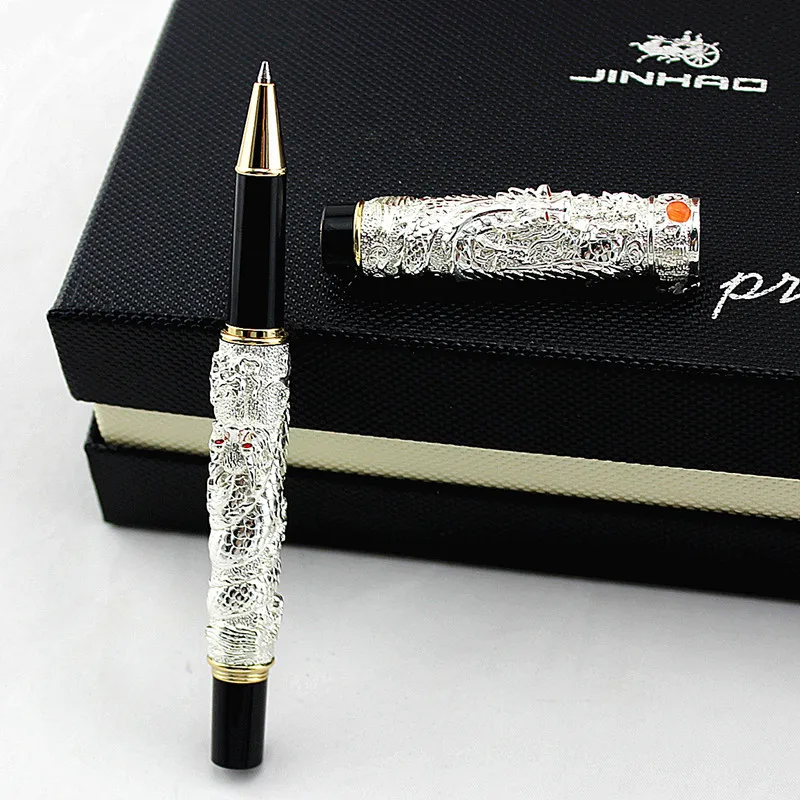 Jinhao винтажная Роскошная Шариковая ручка Серебряная маленькая двойная Дракон