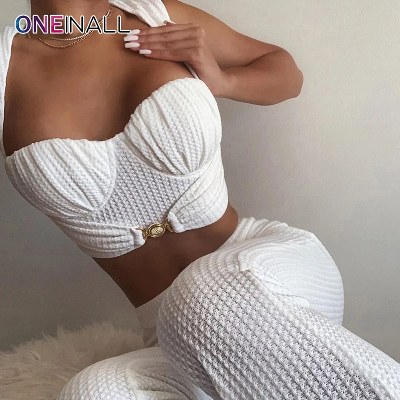 

ONEINALL Streetwear Two Piece Sets For Women Sleeveless Plain Short Strapless Elastic Waist Long Wide Leg Pants Female 2021 New