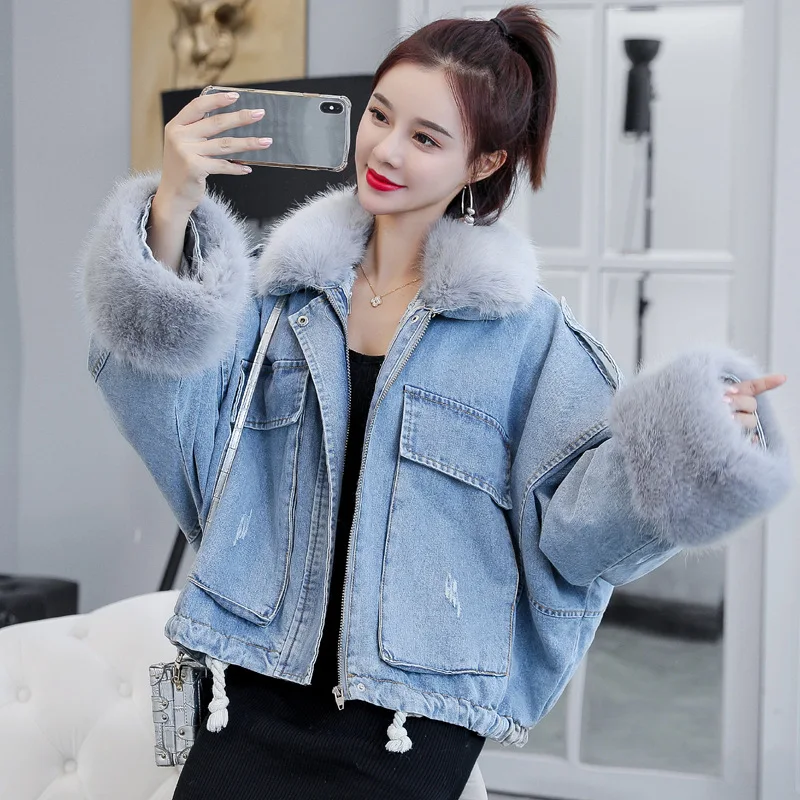 Hot Sale Pie Overcoming Denim Jacket Plus Plush Collar Denim Jacket for Ladies Velvet Denim Jacket Bubble Autumn Winter New