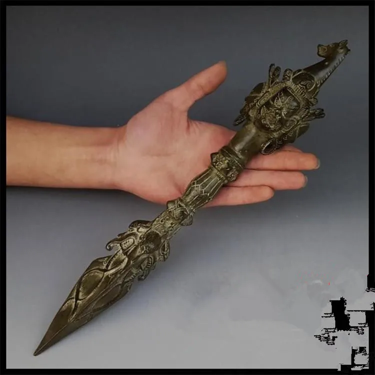 

LONG 35 CM/14 INCH COLLECTIBLE TIBET OLD BRONZE CARVED VAJRA JIANG MOCHU SCULPTURE/ANTIQUE DAGGER/HORSE HEAD SWORD STATUE R2007