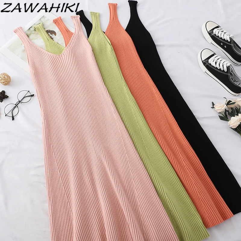 

Zawhiki вязаное платье без рукавов с V-образным вырезом модные женские платья милые 2022 летние прямые женские платья Новые однотонные тонкие жен...