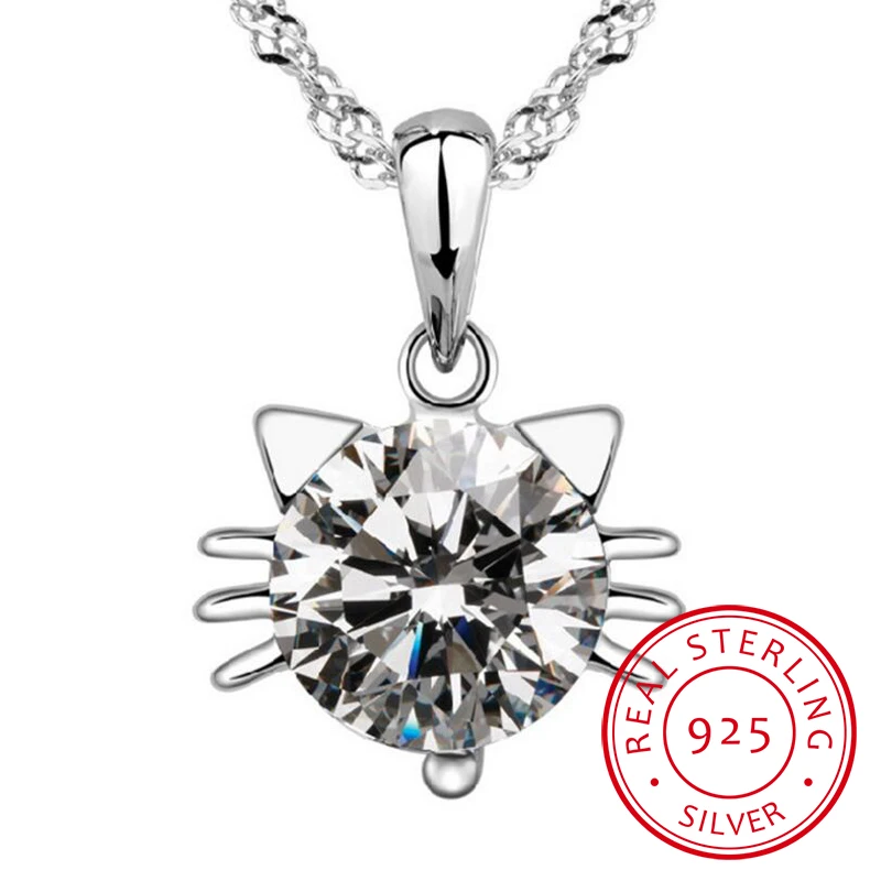 Женское колье с котенком из серебра 925 пробы белым/фиолетовым цирконием |