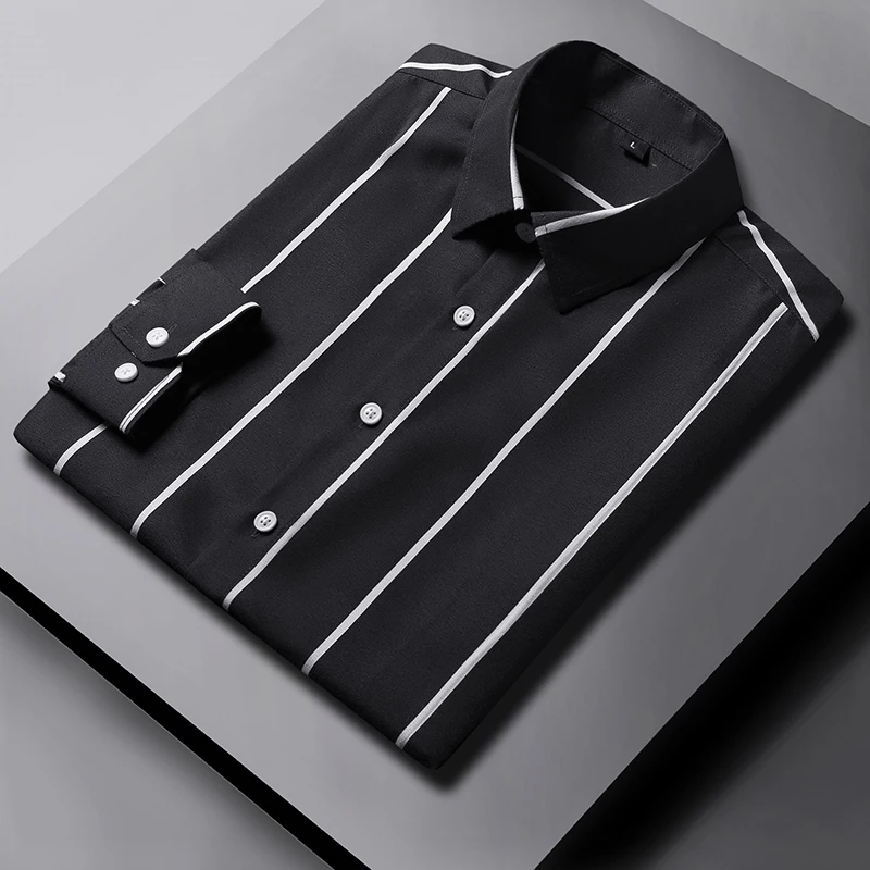 Men Autumn Spring Summer Winter Turn-down Collar Business Casual Striped Long Sleeve Shirt