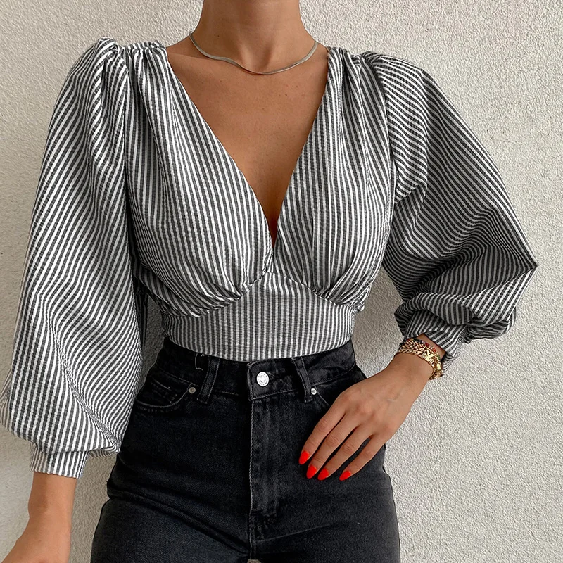 

hirigin Bow Tie-up Backless Shirts Crop Top 2022 Sexy Fall Striped Lantern Sleeve Deep V-neck Women Pullover Shirts Blouse OL