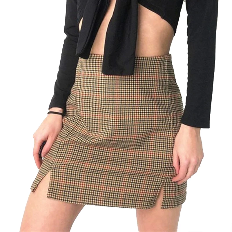 

VIIANLES Streetwear A-Line Miniskirt Women Plaid Side Double Split Skirts Zipper High Waist Stripe Print Cotton Bottom