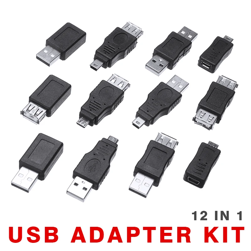 

12Pcs Black High Quality USB 2.0 Changer Adapter Set Male to Female Micro Mini Converter Connector Kit