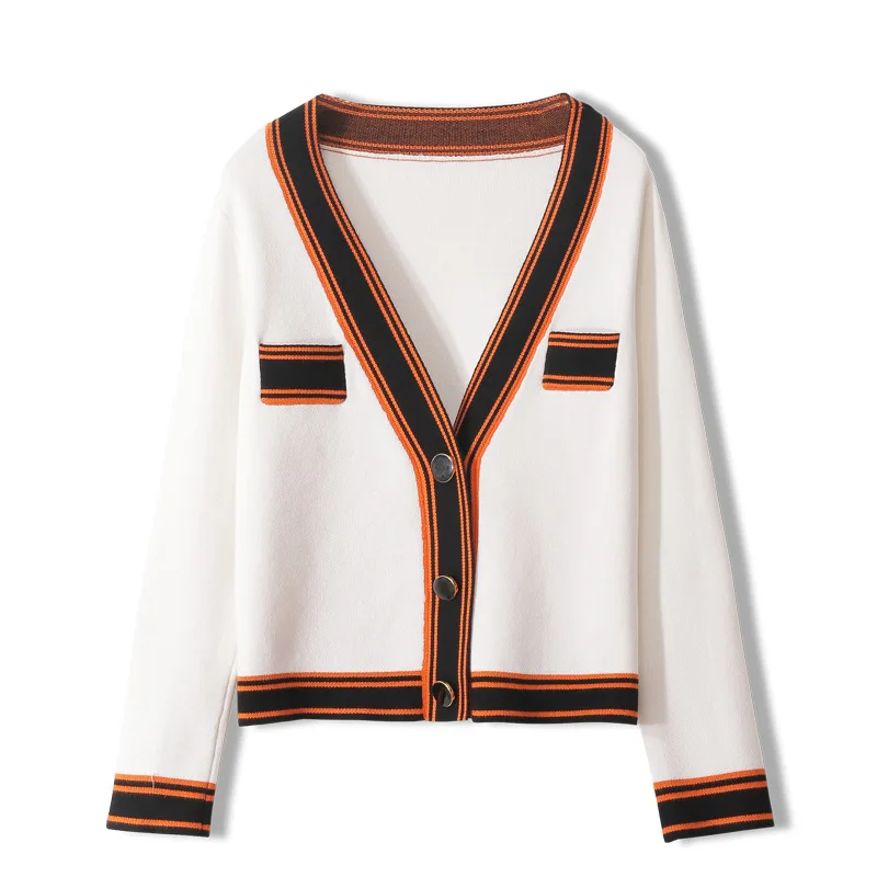 

2020 Luxury Design Women Contrast Striped Embroidered Long-Sleeved V-neck Fashion Knit Top Streetwear Sweaters Ladies Jumpers