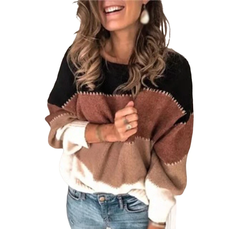 

Autumn Winter Women Striped Sweater Loose Knitted Striped Sweater Elegant Jumper Long Sleeve O-neck Pullover Tops