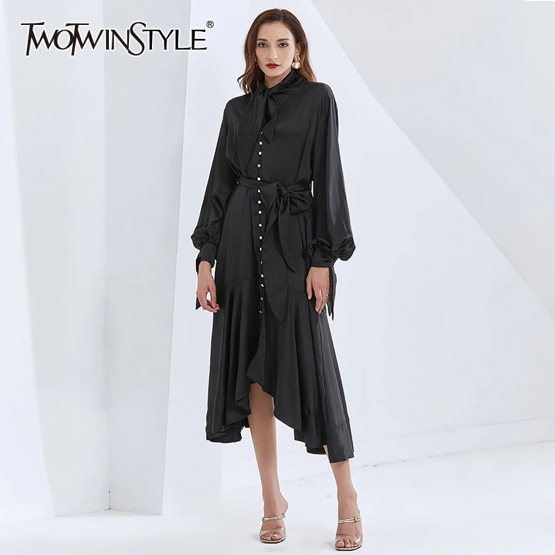 

TWOTWINSTYLE Patchwork Ruffle Dresses For Women Lace Up Lantern Sleeve High Waist With Belt Slimming Women's Vintage Dress New