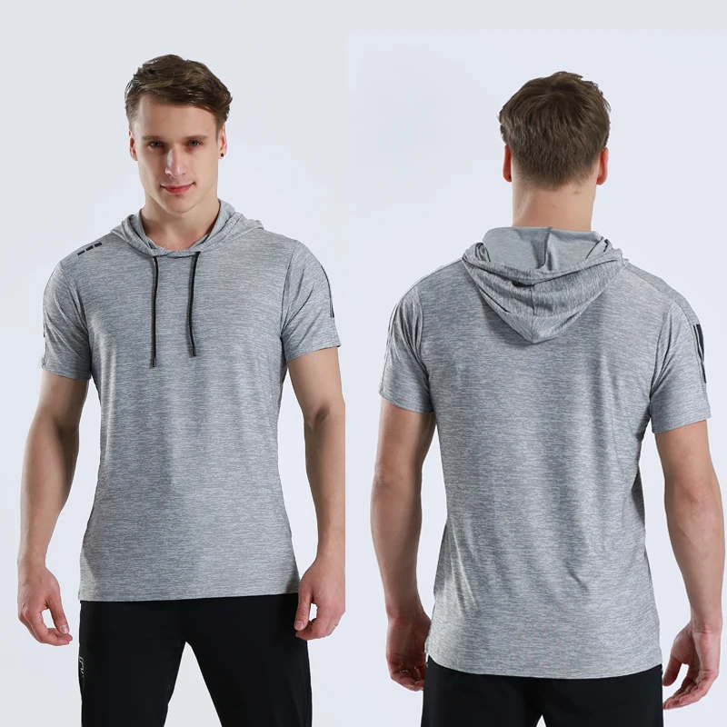 Мужская спортивная футболка с капюшоном коротким рукавом быстросохнущая для