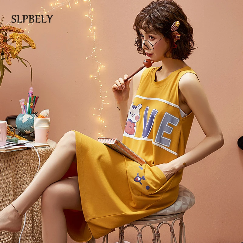 

SLPBELY Summer Night Dress Women Nightgown Cartoon Printing Homewear Sleeveless Sling Nightdress Cotton Nightwear Pyjamas Pijama